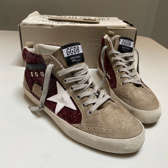Golden Goose Mid Star Sneaker in Burgundy Glitter/Gray Suede sz 40 New in Box - Picture 10 of 13